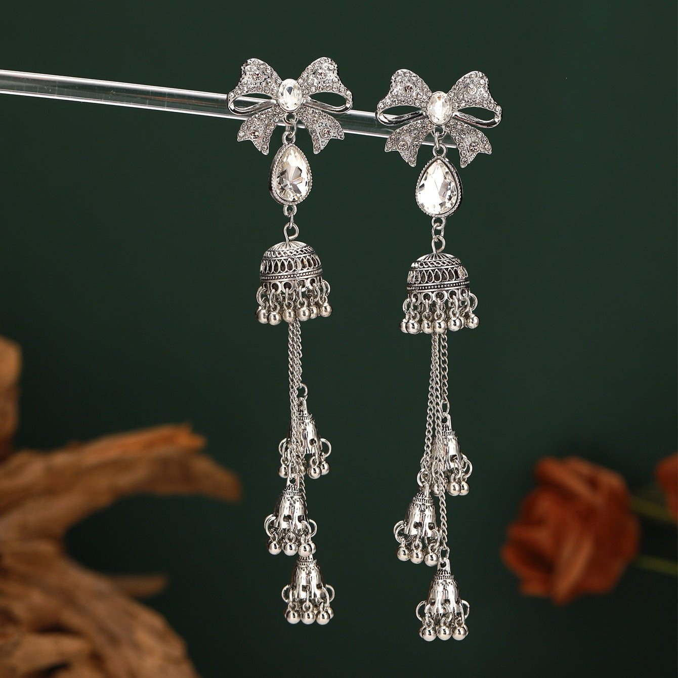 Ethnic Style Bow Tie Tassel Earrings For Women In White Zinc Alloy With Rhinestone Inlay