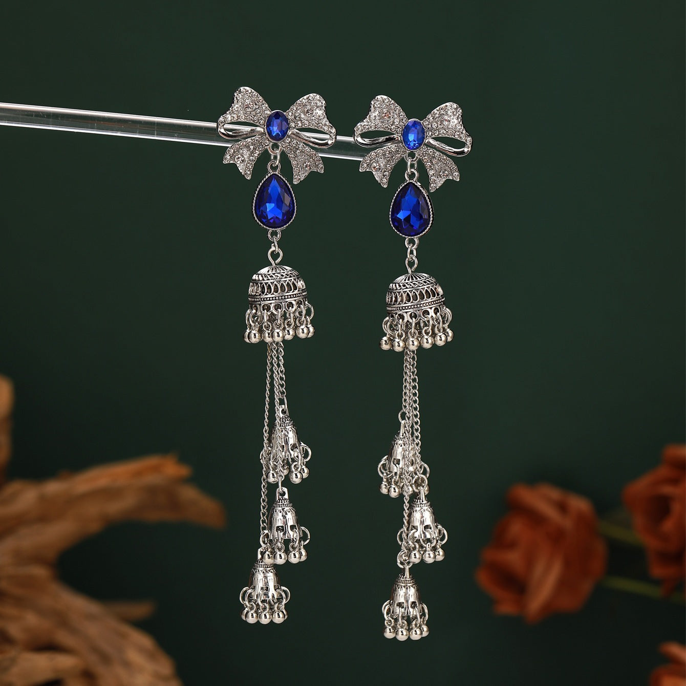Ethnic Style Bow Tie Tassel Earrings For Women In White Zinc Alloy With Rhinestone Inlay
