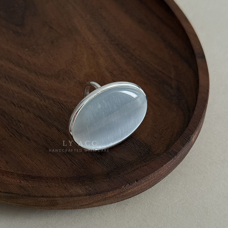 Oval Cat's Eye Stone Ring For Women In Simple Style, Featuring Natural Stone And Electroplated Finish