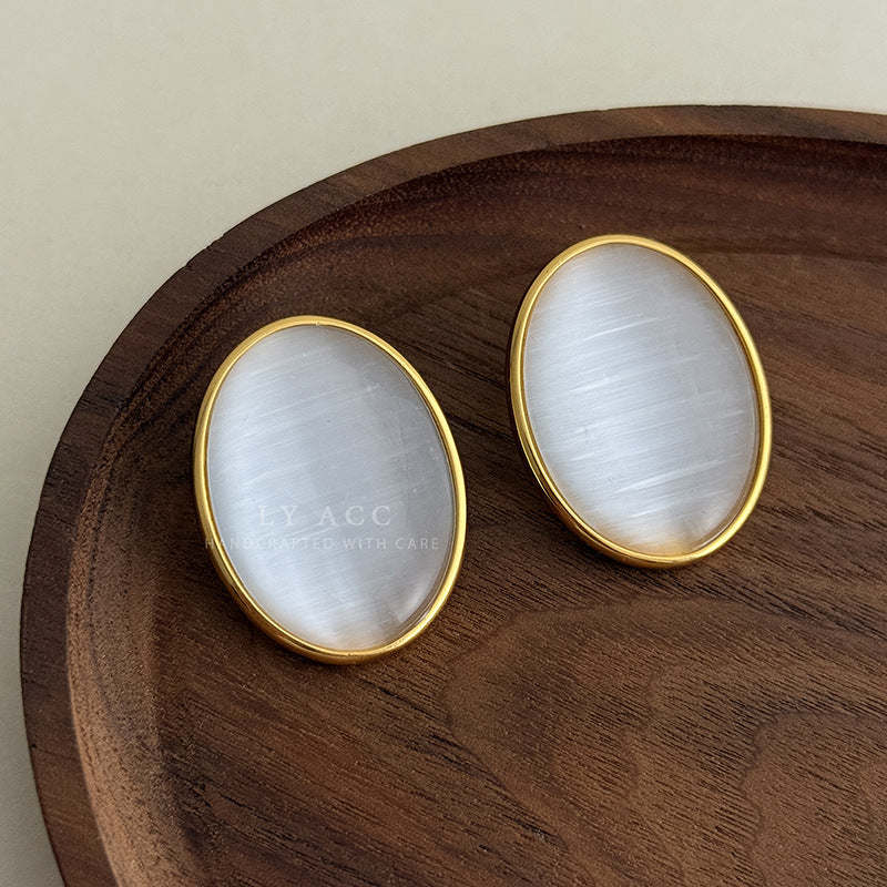 Oval Cat's Eye Stone Ring For Women In Simple Style, Featuring Natural Stone And Electroplated Finish