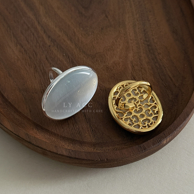 Oval Cat's Eye Stone Ring For Women In Simple Style, Featuring Natural Stone And Electroplated Finish