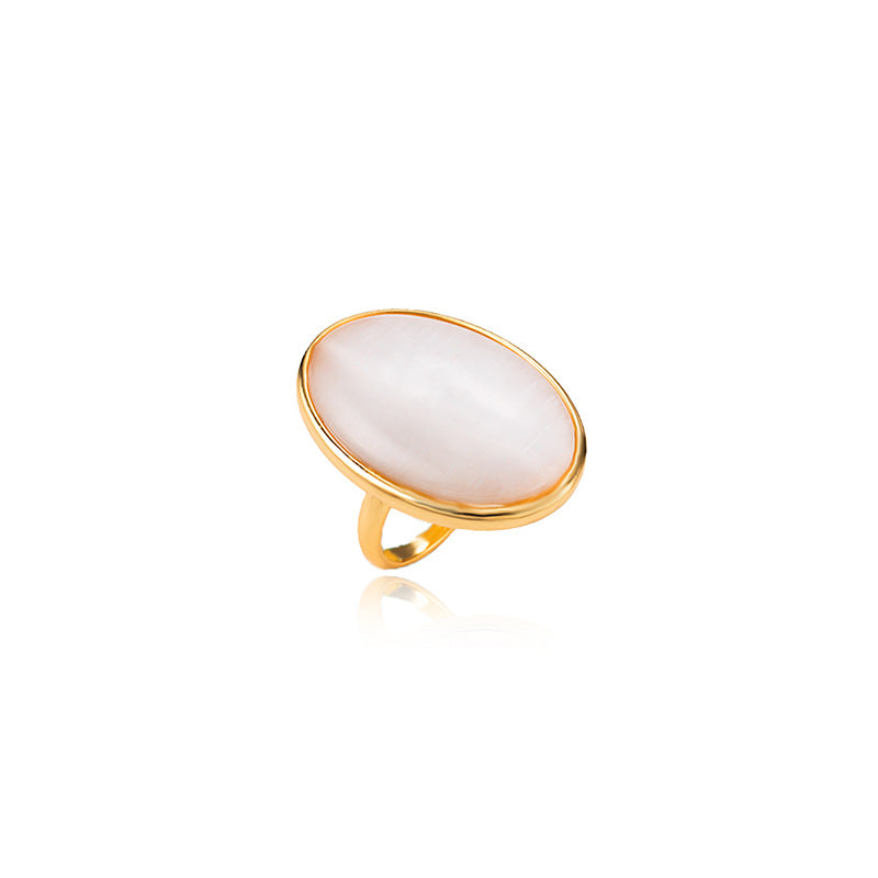Oval Cat's Eye Stone Ring For Women In Simple Style, Featuring Natural Stone And Electroplated Finish