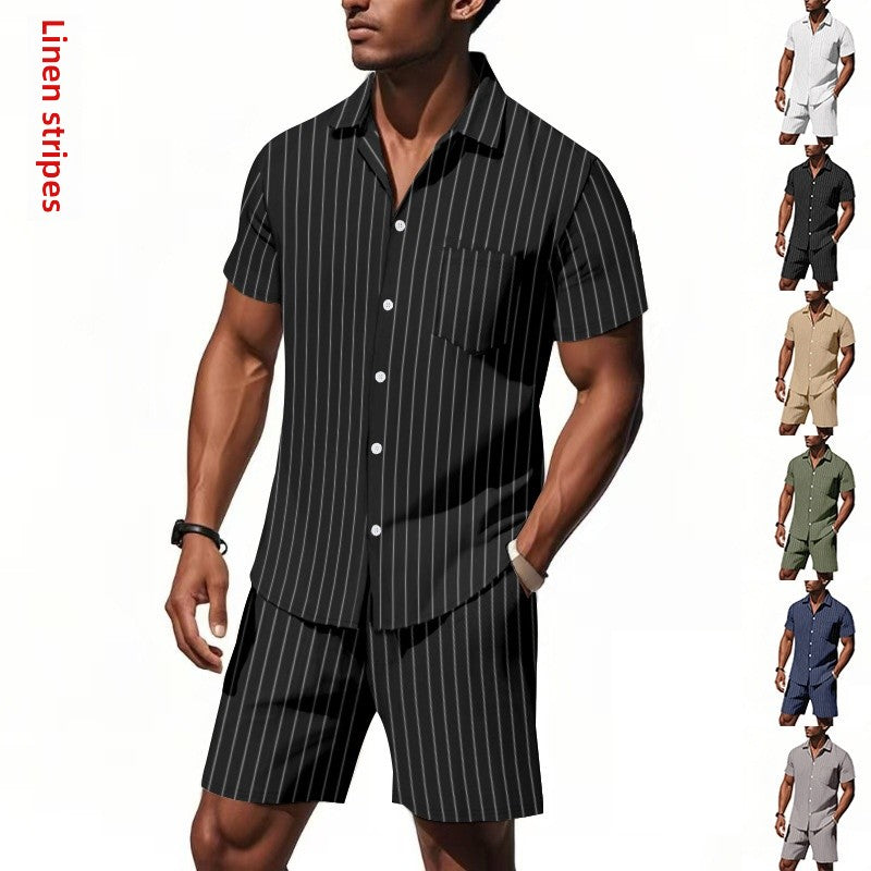 Men's Dyed Black Linen Stripe Shorts Co-ord Set With Jacquard Craft For Beach Occasion