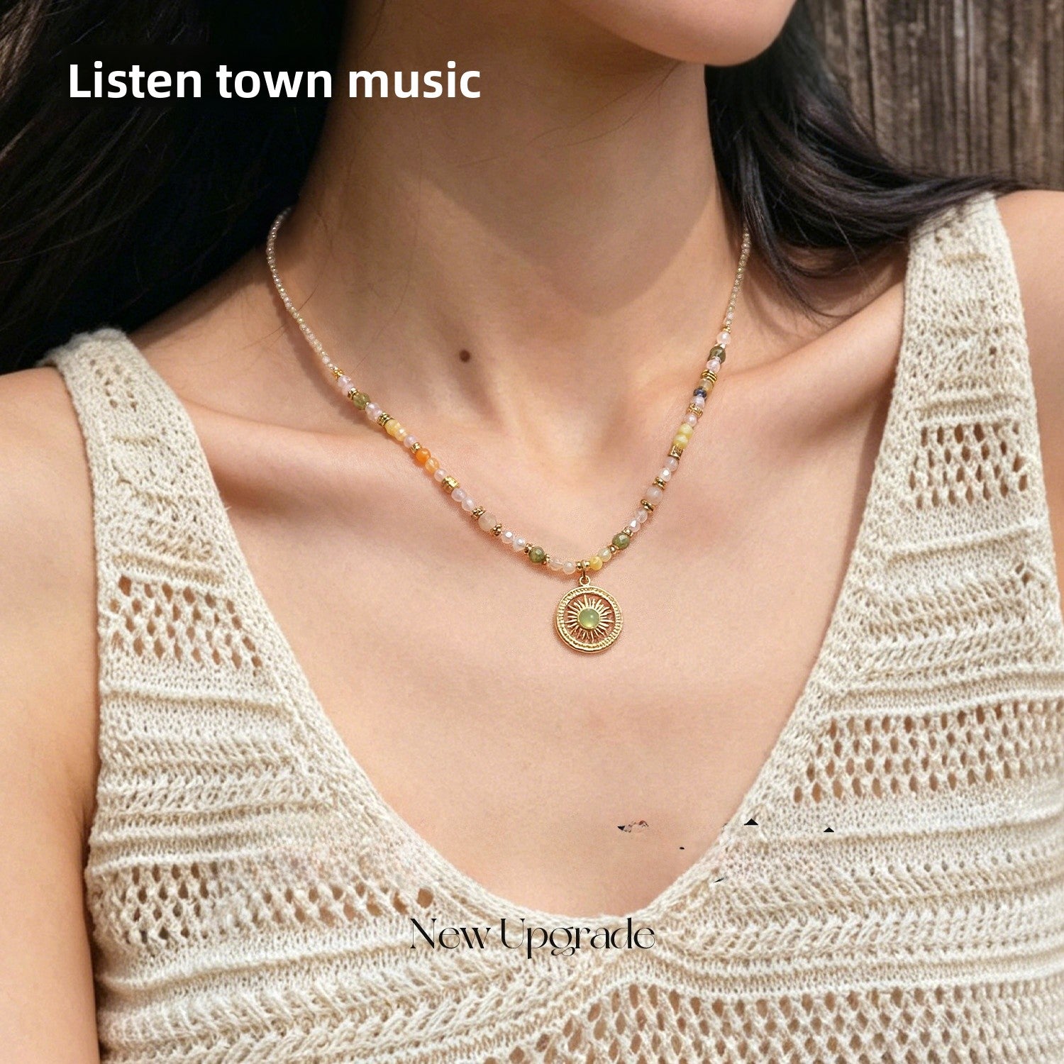Sweet Geometric Necklace For Women With Agate Inlay And Titanium Steel Pendant, Featuring Beading Craft On Beaded Chain