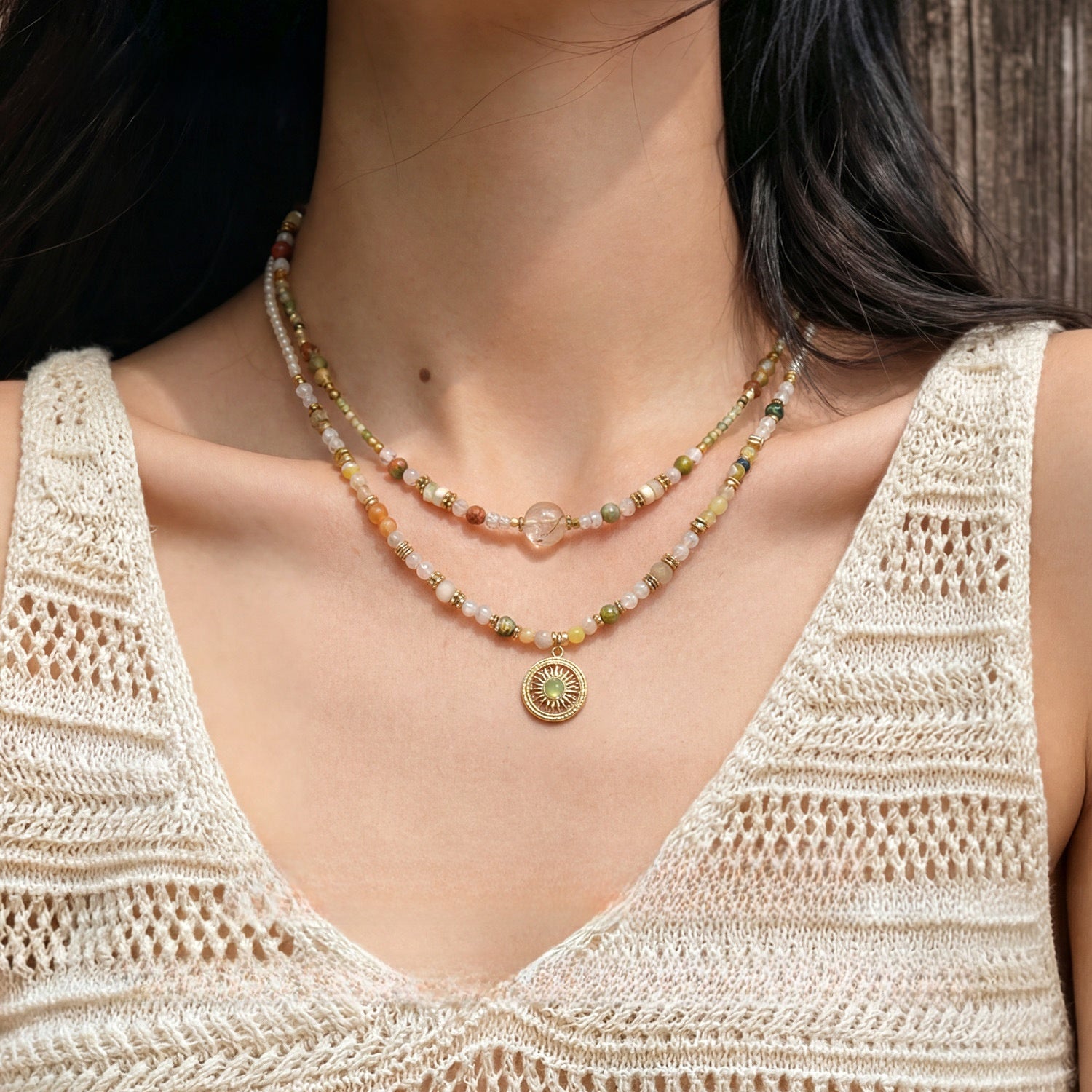 Sweet Geometric Necklace For Women With Agate Inlay And Titanium Steel Pendant, Featuring Beading Craft On Beaded Chain