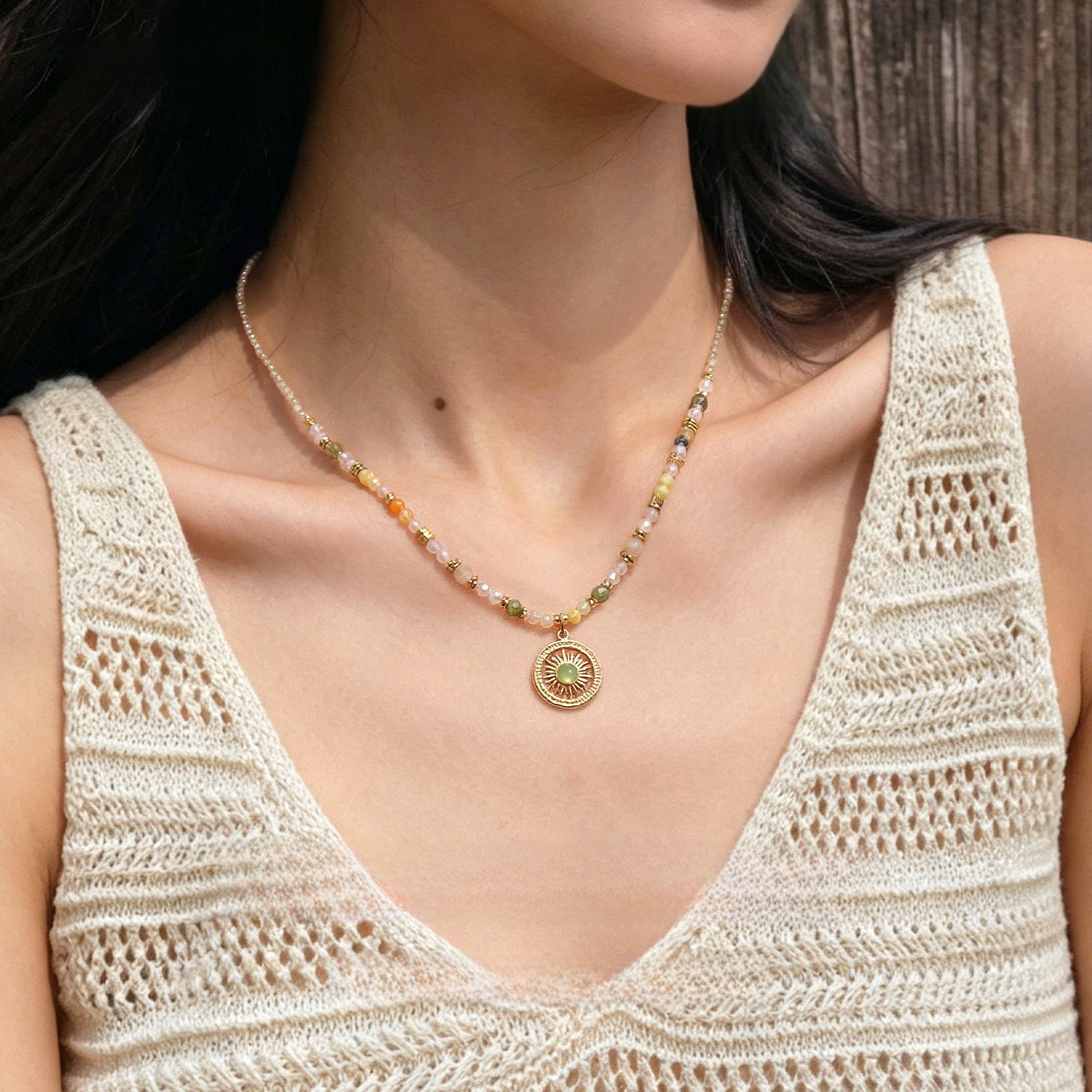 Sweet Geometric Necklace For Women With Agate Inlay And Titanium Steel Pendant, Featuring Beading Craft On Beaded Chain