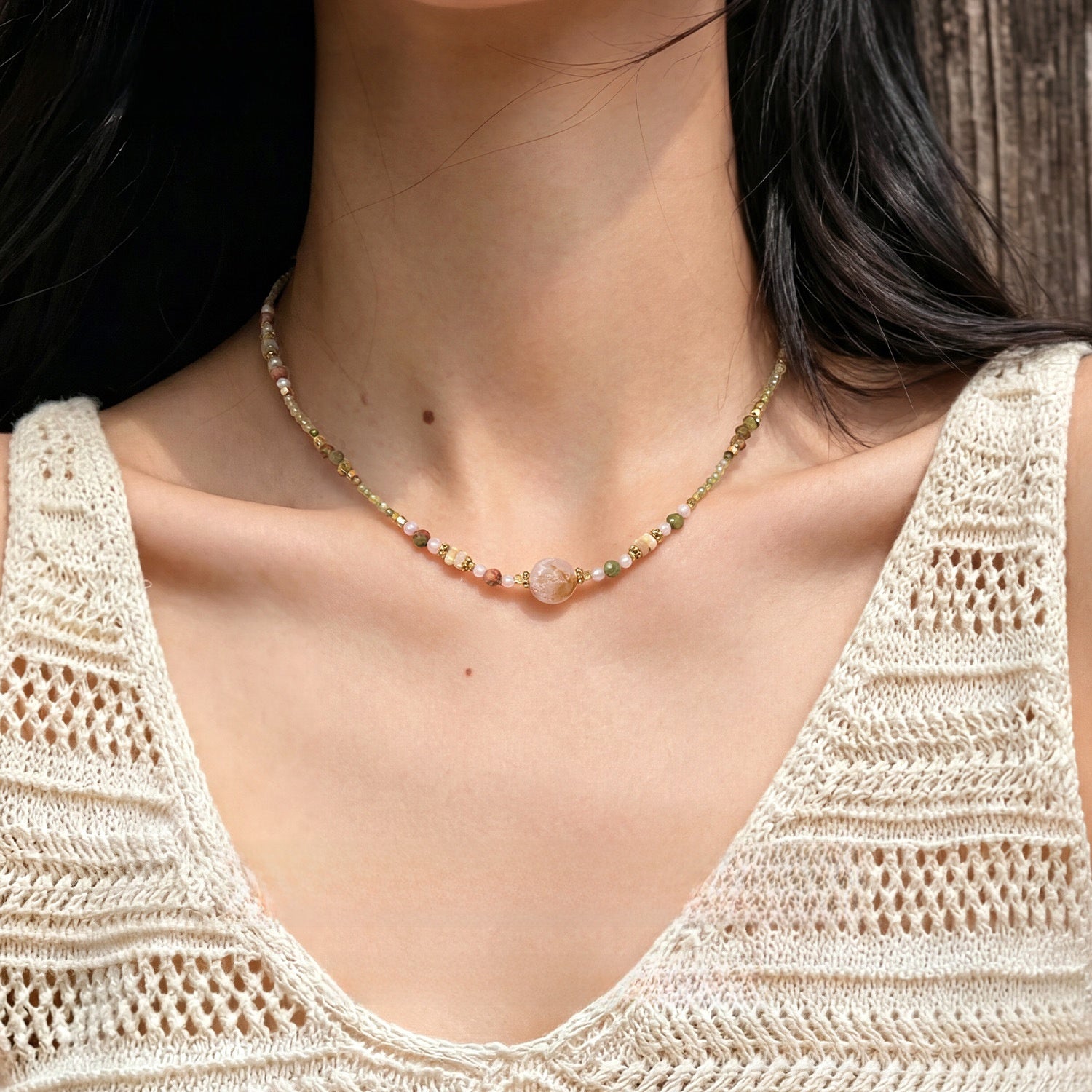 Sweet Geometric Necklace For Women With Agate Inlay And Titanium Steel Pendant, Featuring Beading Craft On Beaded Chain