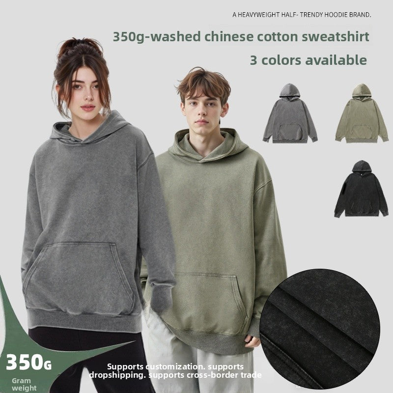 Men's Vintage Style Dyed Black Long Sleeve Hoodie In Washed Cotton Fabric