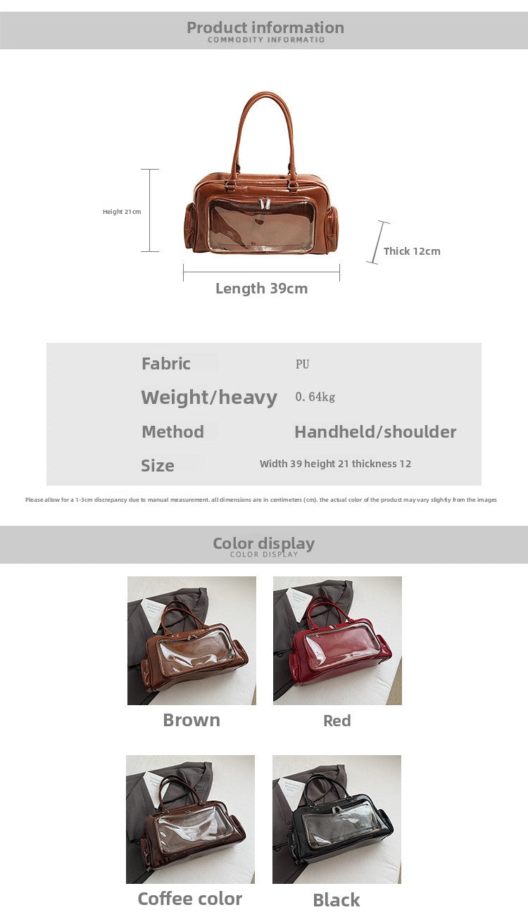 Cartoon Transparent Square PU Leather Tote Bag For Women With Single Shoulder Strap And Large Capacity