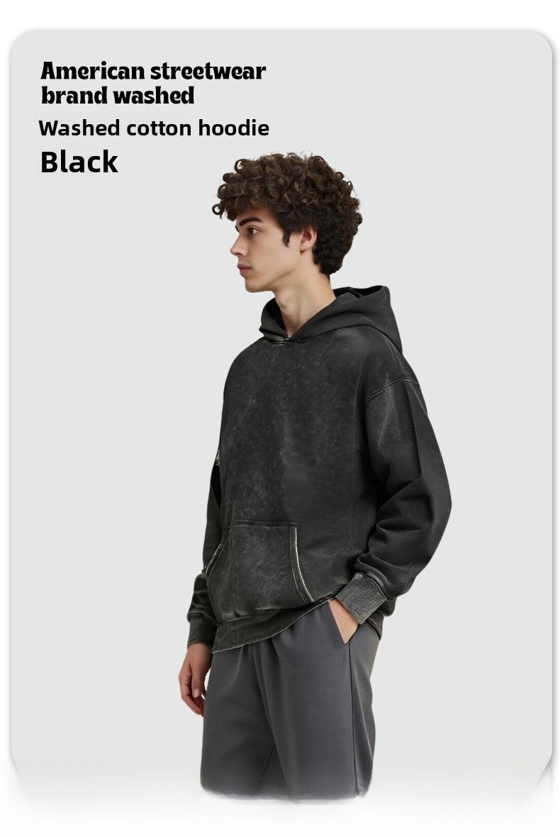 Men's Vintage Style Dyed Black Long Sleeve Hoodie In Washed Cotton Fabric