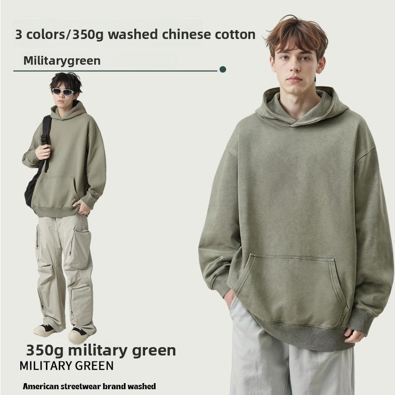 Men's Vintage Style Dyed Black Long Sleeve Hoodie In Washed Cotton Fabric
