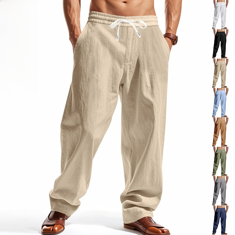 Men's Casual Solid Color Linen Straight Full Length Pants For Everyday Wear