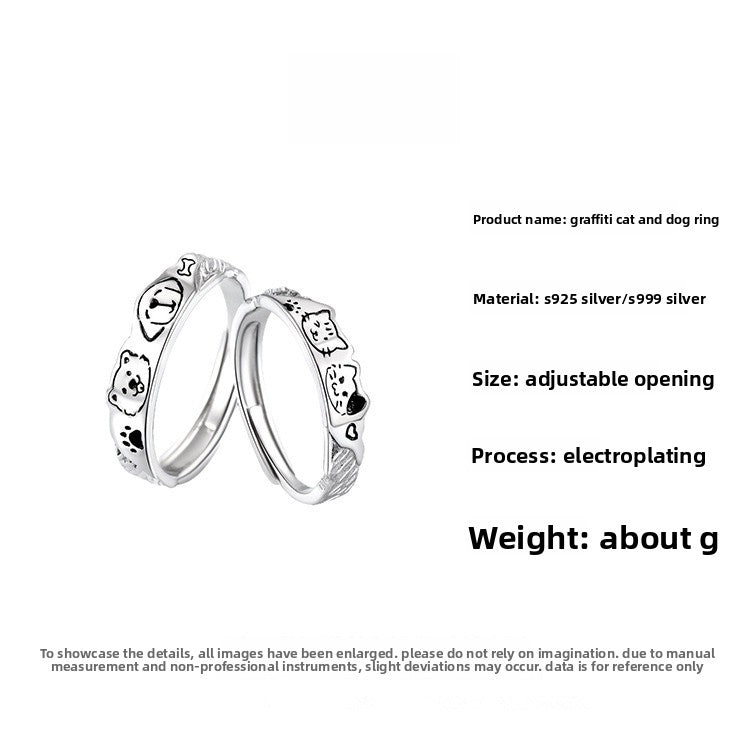 Cute Graffiti Open Rings For Couples In S999 Silver, 1 Pair Silver Rings