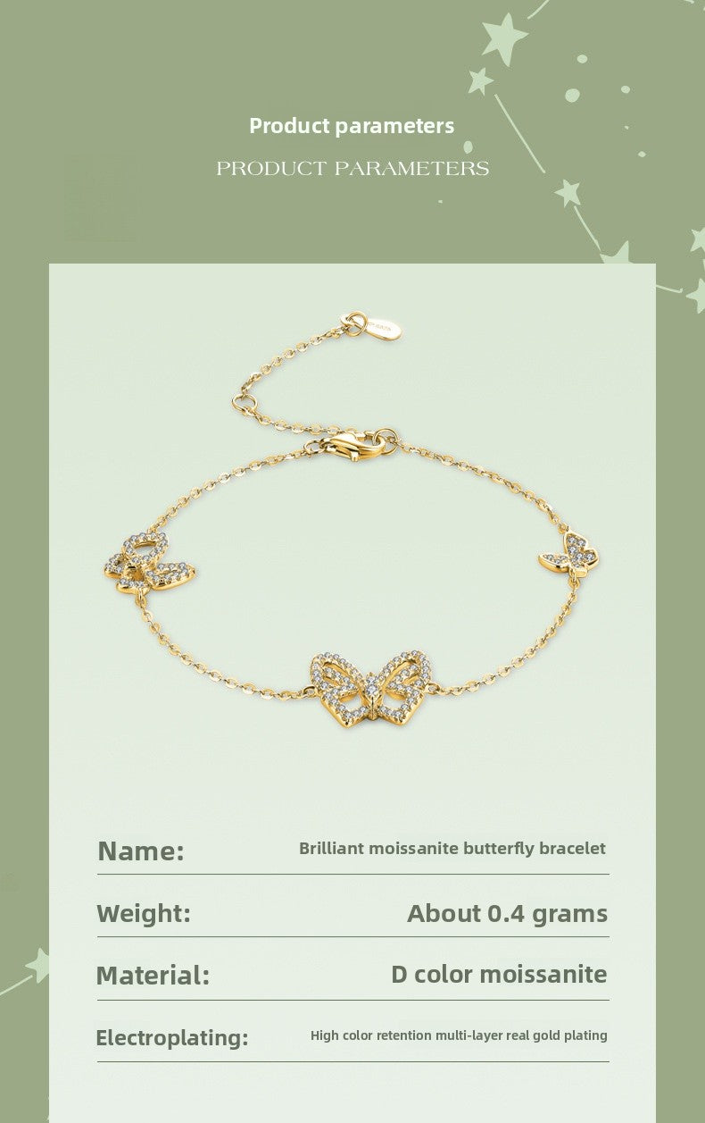Sweet Butterfly 925 Sterling Silver Bracelet With 18K Gold Plated Finish And Moissanite Inlay, Slider Chain
