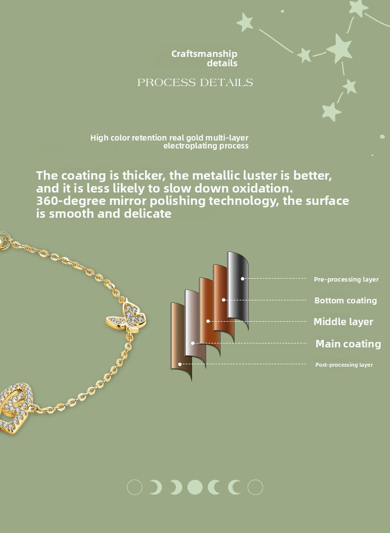 Sweet Butterfly 925 Sterling Silver Bracelet With 18K Gold Plated Finish And Moissanite Inlay, Slider Chain