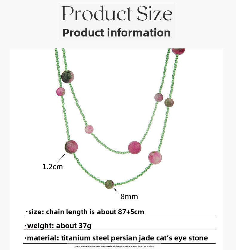 Elegant Handmade Green Color Block Long Necklace For Women With Beaded Chain And Beading Material