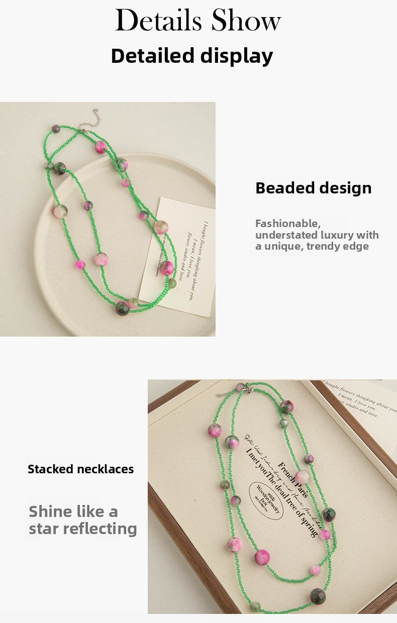 Elegant Handmade Green Color Block Long Necklace For Women With Beaded Chain And Beading Material