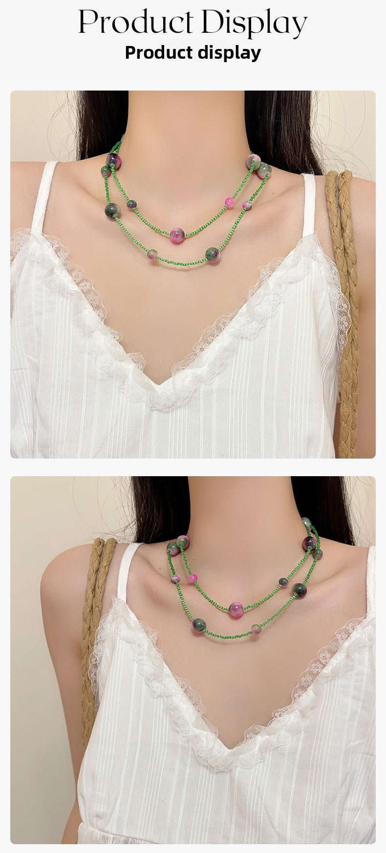 Elegant Handmade Green Color Block Long Necklace For Women With Beaded Chain And Beading Material