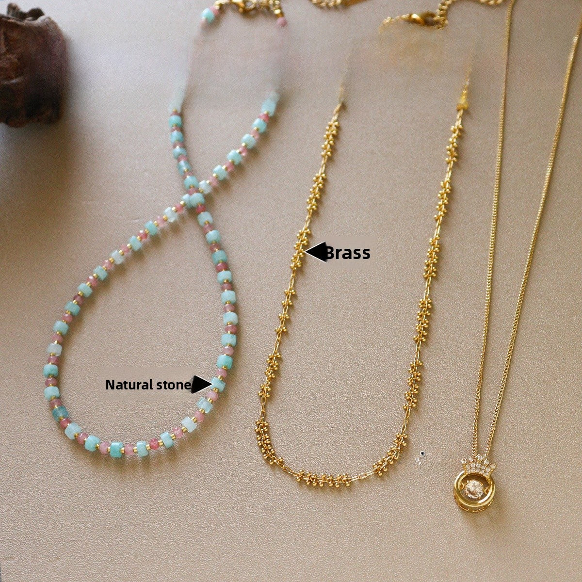 Crown Beading Pendant Necklace In Mixed Materials With Zircon Inlay And Beaded Chain, Copper Pendant For Women