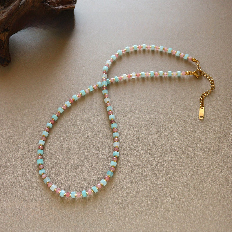 Crown Beading Pendant Necklace In Mixed Materials With Zircon Inlay And Beaded Chain, Copper Pendant For Women