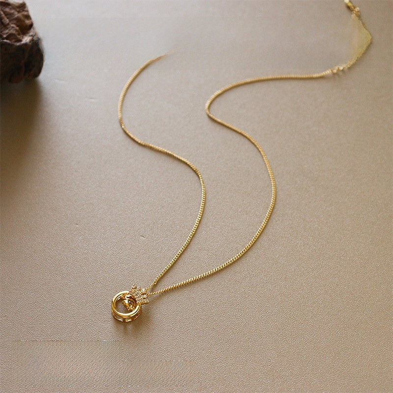 Crown Beading Pendant Necklace In Mixed Materials With Zircon Inlay And Beaded Chain, Copper Pendant For Women