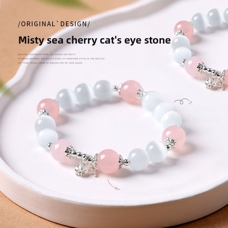 Ethnic Style Crystal Beaded Bracelet For Women With Natural Pink Cat's Eye Stone