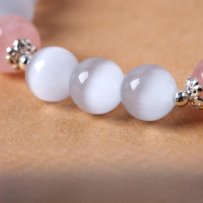 Ethnic Style Crystal Beaded Bracelet For Women With Natural Pink Cat's Eye Stone