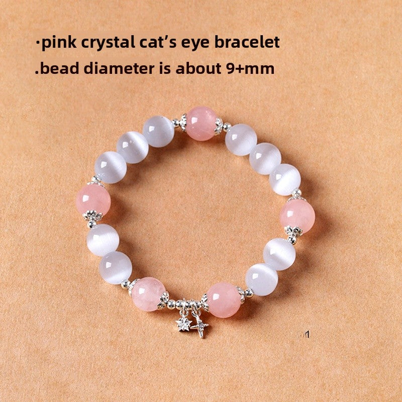 Ethnic Style Crystal Beaded Bracelet For Women With Natural Pink Cat's Eye Stone