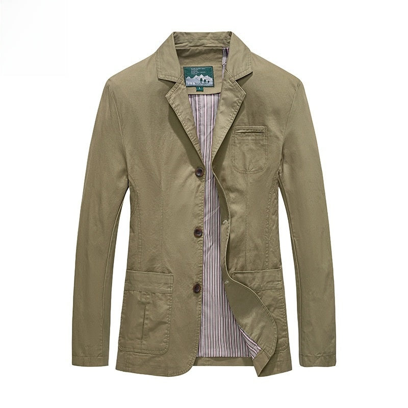 Men's Vintage Style Solid Color Blazer In Khaki With Cotton Fabric And Lapel Collar