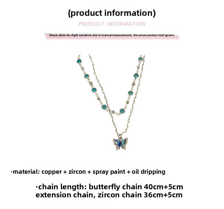 Blue Butterfly Double Layer Necklace For Women With Copper Chain And Pendant, Electroplated Finish