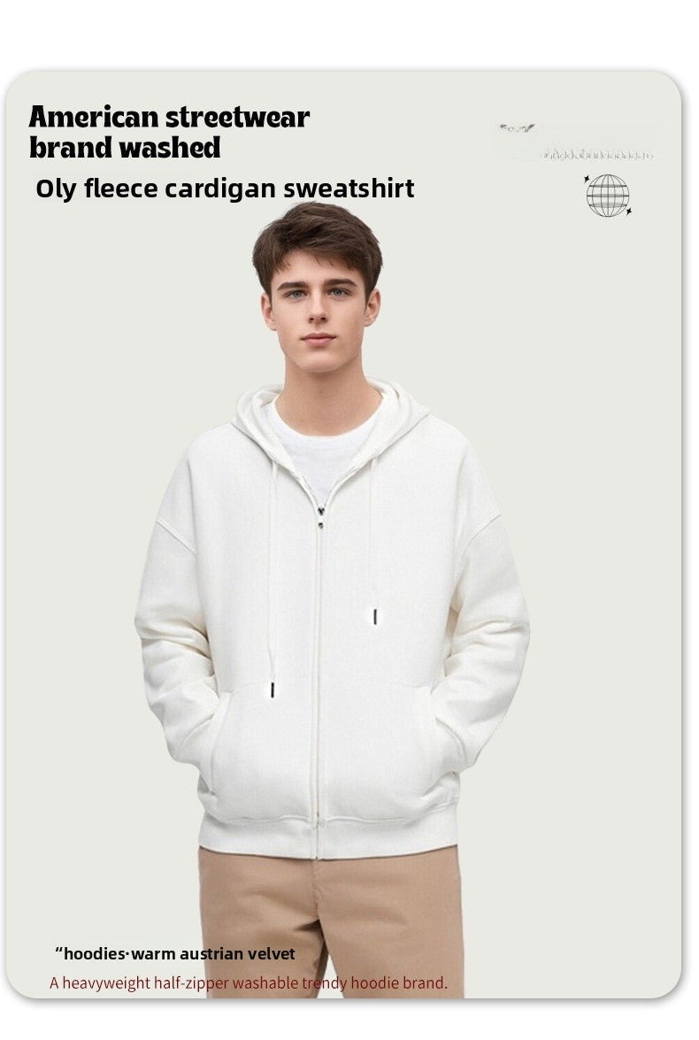 Men's Solid Color White Cotton Casual Hoodie With Long Sleeve