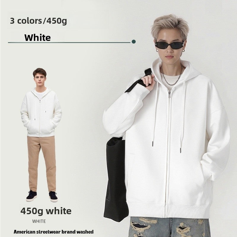 Men's Solid Color White Cotton Casual Hoodie With Long Sleeve
