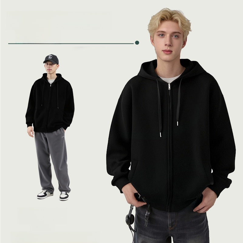 Men's Solid Color White Cotton Casual Hoodie With Long Sleeve