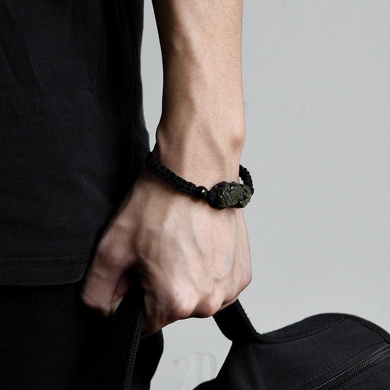 Brave Troops Obsidian Braid Bracelets With Crystal Pendant In Simple Style For Men