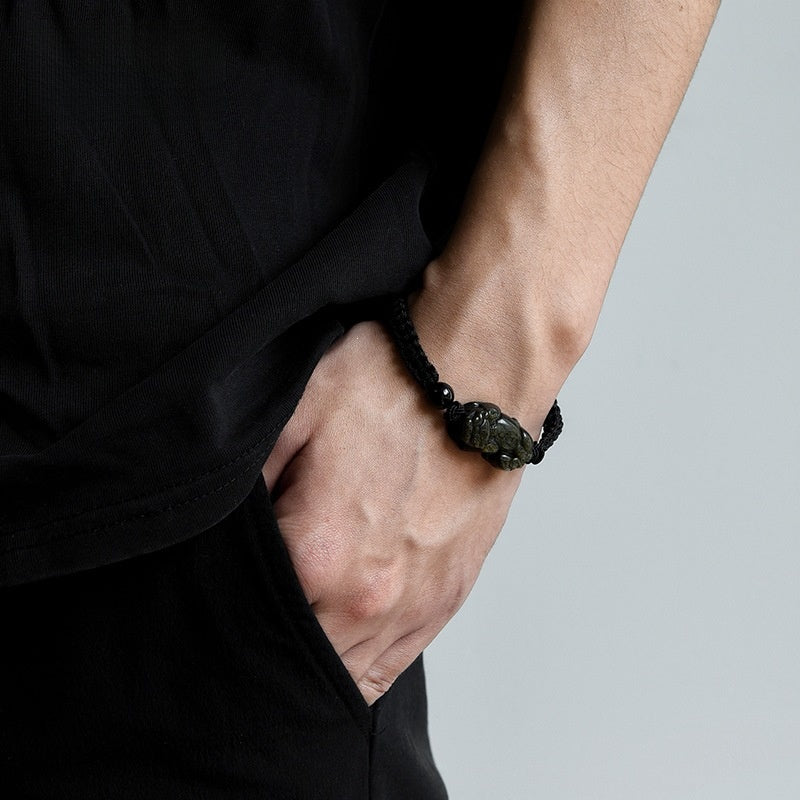 Brave Troops Obsidian Braid Bracelets With Crystal Pendant In Simple Style For Men