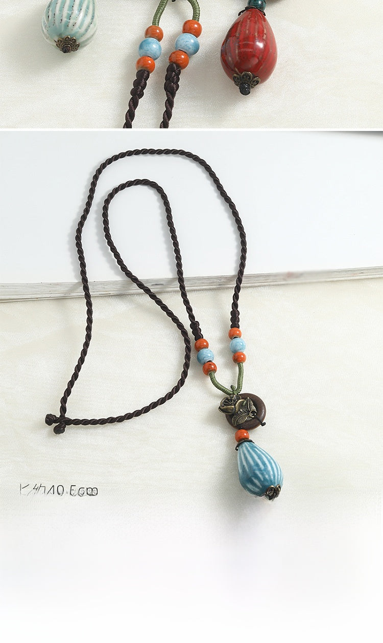 Ethnic Style Ceramic Animal Braid Sweater Chain Necklace For Women With Woven Chain