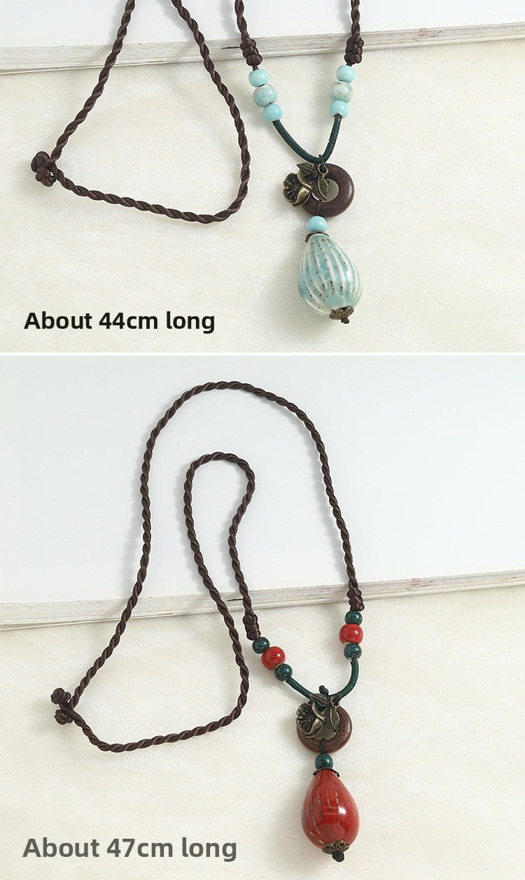 Ethnic Style Ceramic Animal Braid Sweater Chain Necklace For Women With Woven Chain