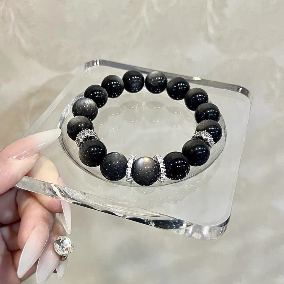 Handmade Simple Style Round Obsidian Bracelet For Unisex, Perfect Birthday Gift