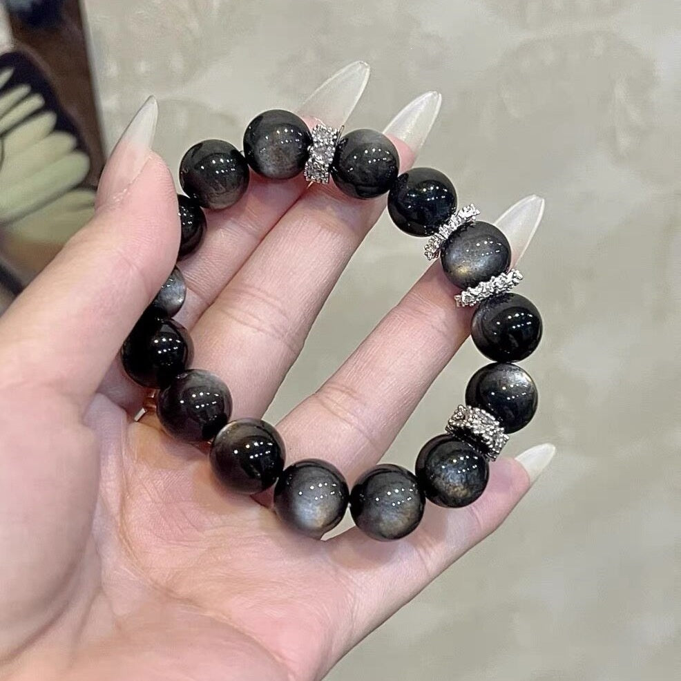 Handmade Simple Style Round Obsidian Bracelet For Unisex, Perfect Birthday Gift