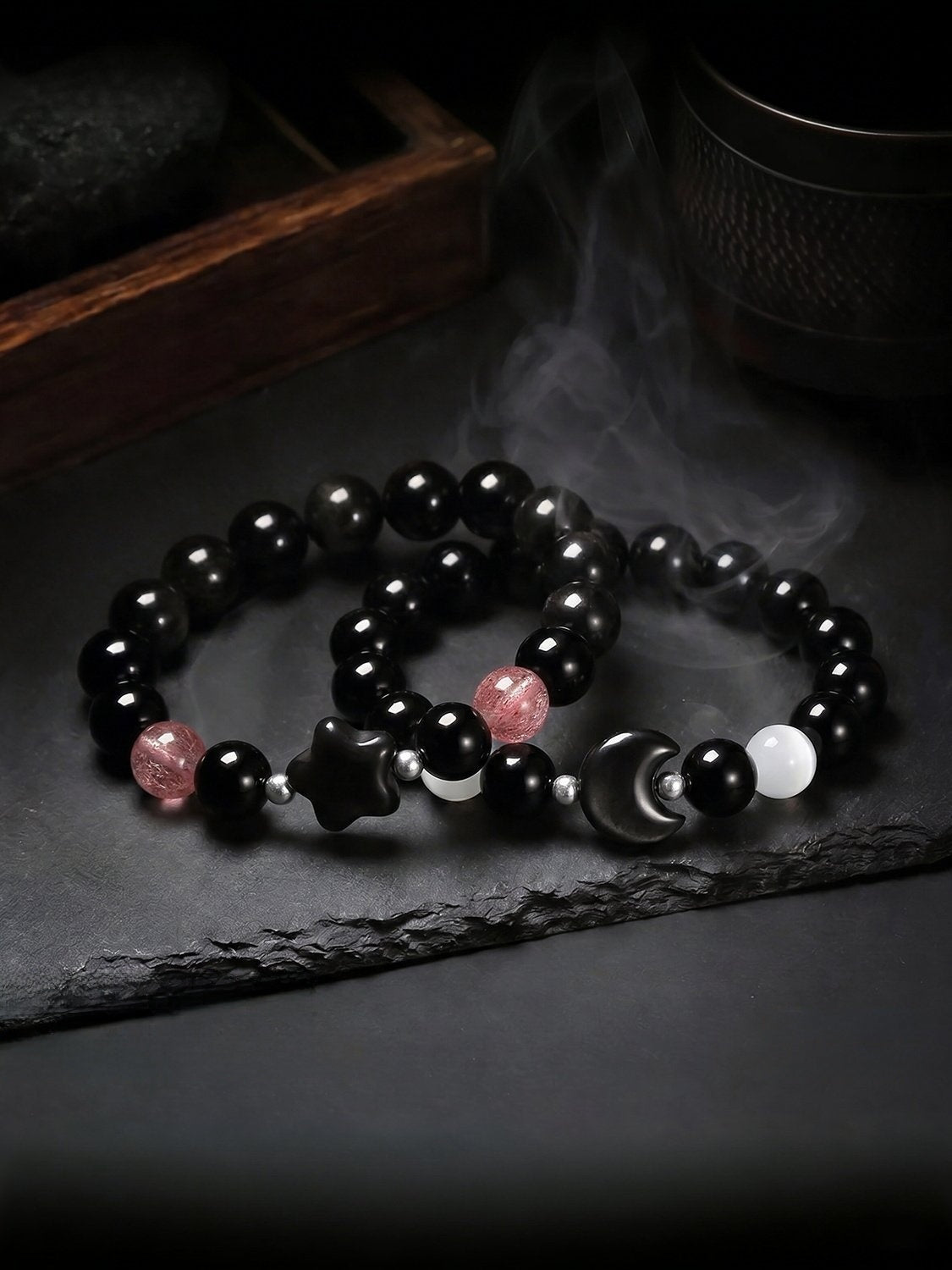 Couple Obsidian Beaded Star Pattern Bracelet In Dyed Black, Perfect Birthday Gift