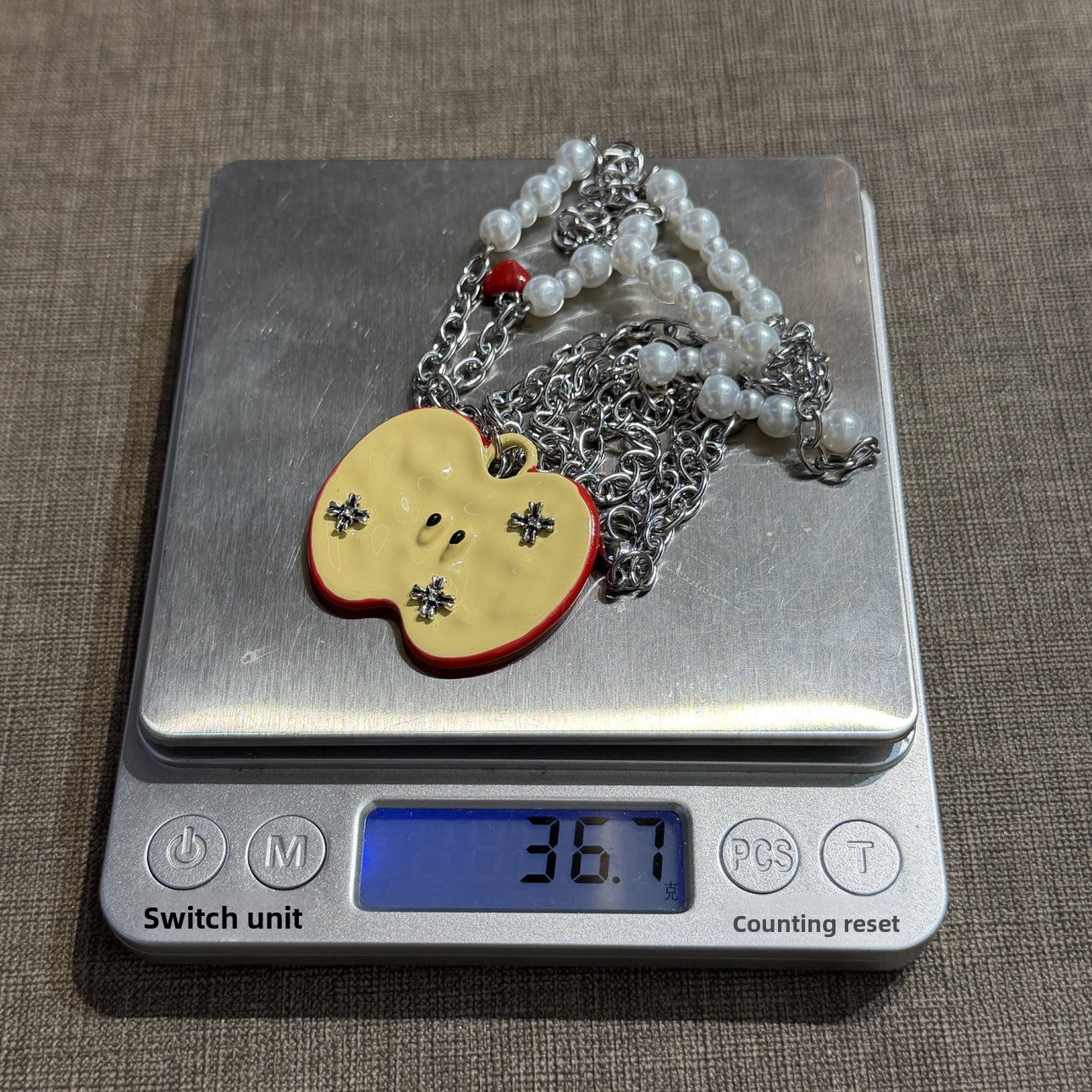 Apple Cartoon Style Sweater Chain Necklace For Women In Silver With Titanium Steel And Alloy Pendant Featuring Artificial Pearl Inlay