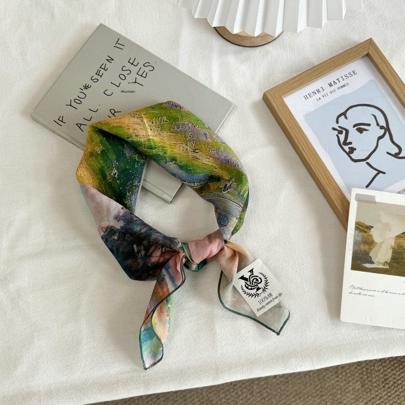 Artistic Landscape Cotton Silk Scarf For Women In Natural Pink, Perfect For Spring & Summer