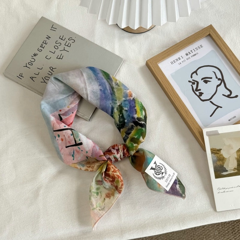 Artistic Landscape Cotton Silk Scarf For Women In Natural Pink, Perfect For Spring & Summer
