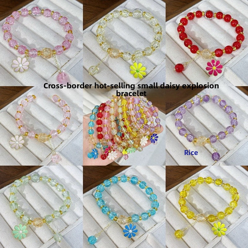 Daisy Beading Bracelet For Women In Natural Pink With Glass Material And Crackle Quartz Inlay, Simple Style
