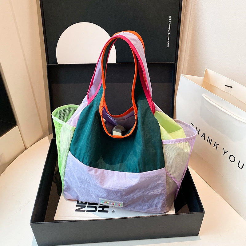 Color Block Square Polyester Tote Bag Featuring Sewing Thread With Single Shoulder Strap, Perfect For Summer
