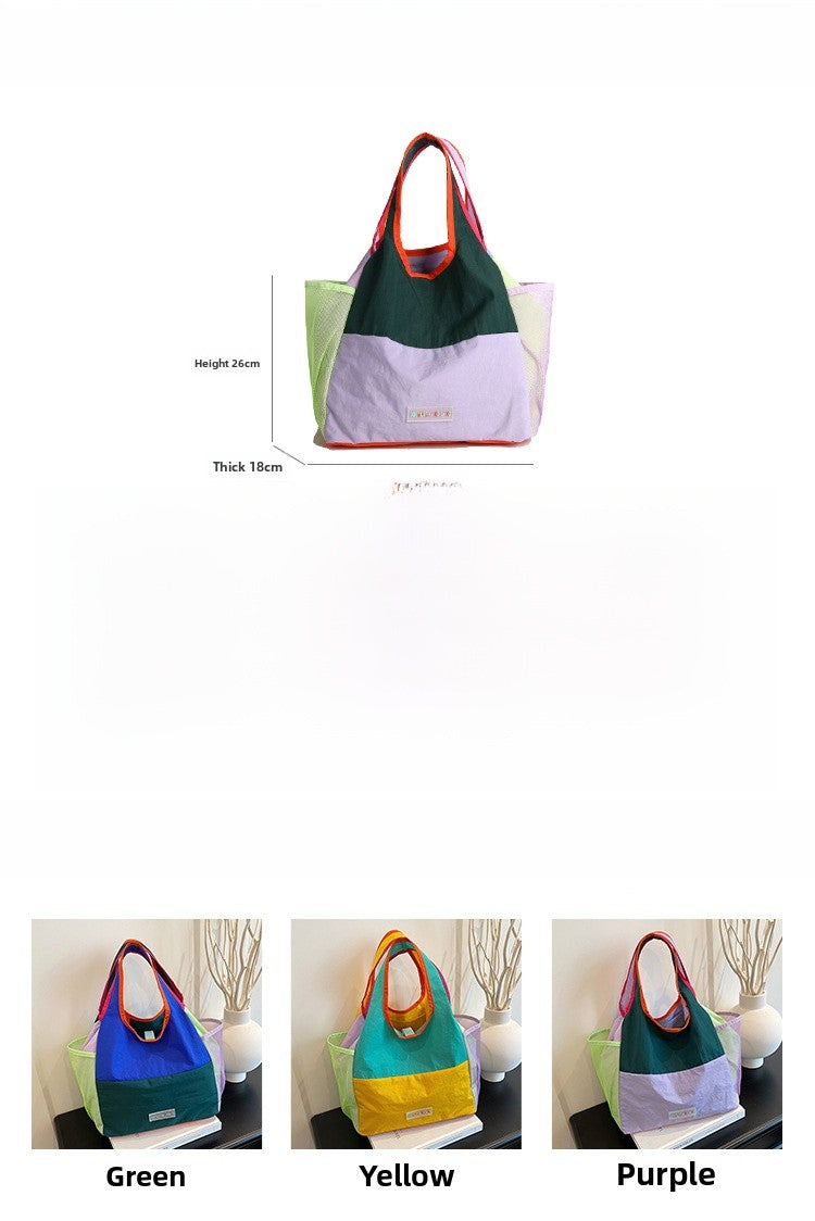 Color Block Square Polyester Tote Bag Featuring Sewing Thread With Single Shoulder Strap, Perfect For Summer