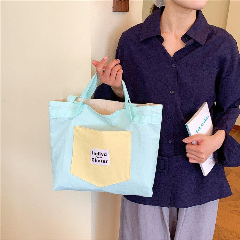 Color Block Square Canvas Tote Bag For Women With Top Handle, Perfect For  Spring And Summer