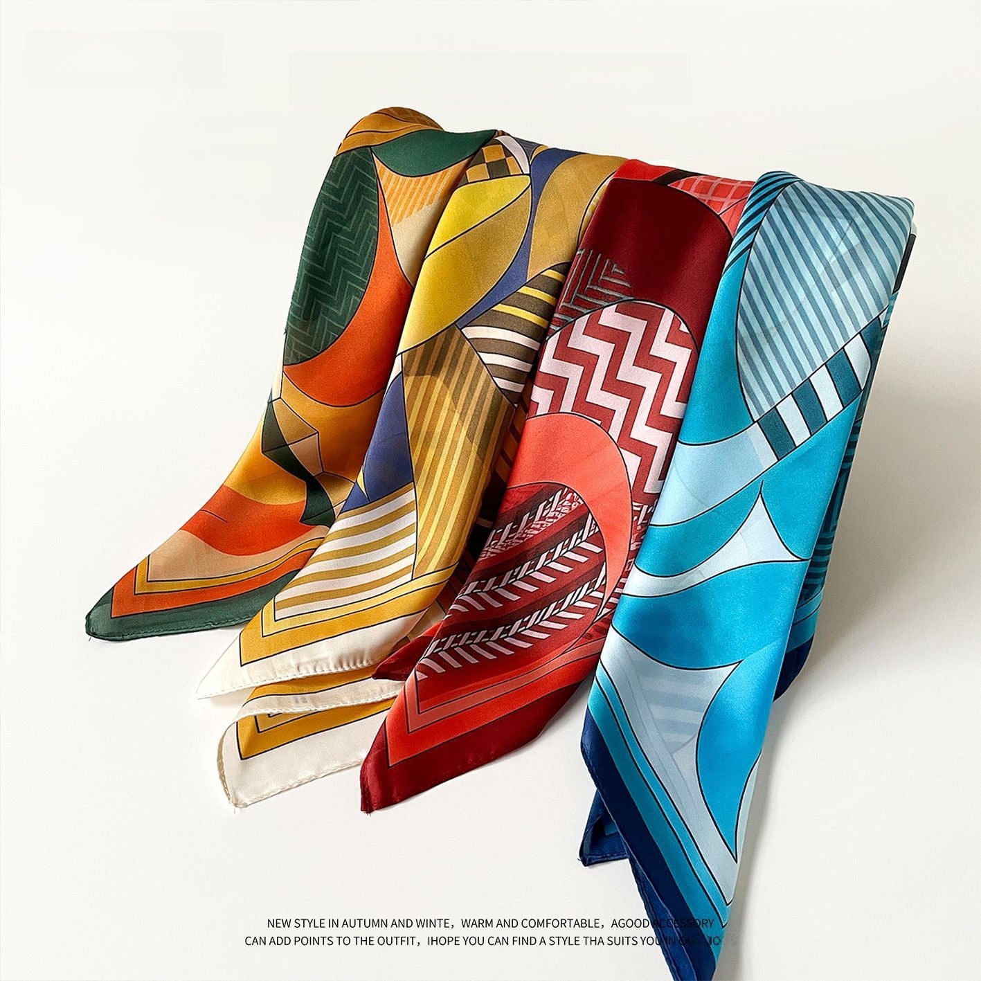 Geometric Silk Scarf For Commute In Blue, Made Of Polyester, Perfect For Spring Season
