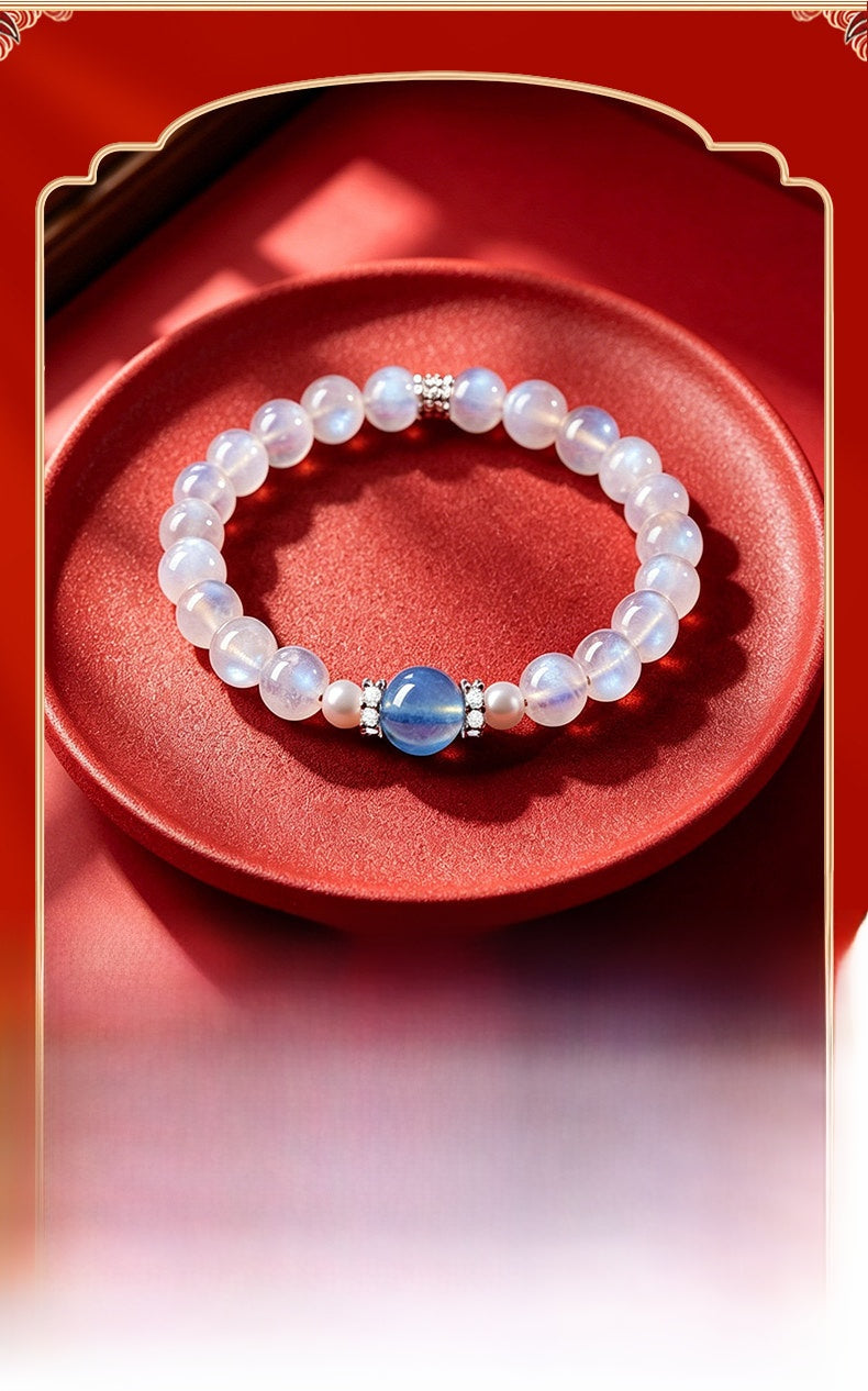 Elegant Round Blue Moonstone Beaded Bracelet For Women With Crystal Pendant, Perfect For MAMA Festival