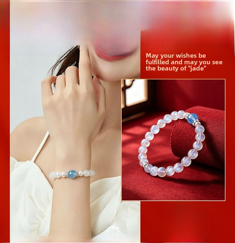 Elegant Round Blue Moonstone Beaded Bracelet For Women With Crystal Pendant, Perfect For MAMA Festival